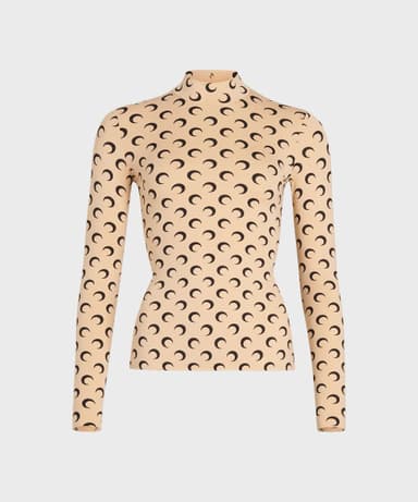 (W) Moon Printed Jersey Second Skin High Neck Top Tan