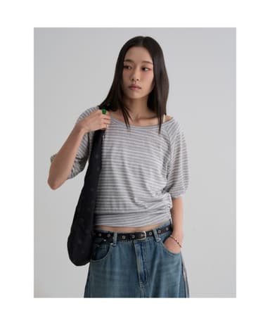 Striped blouson jersey top gray