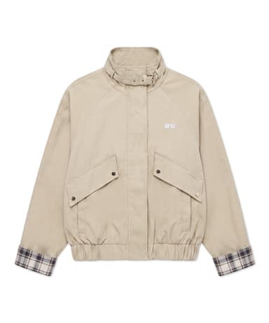 Beige Check Cuff High-Neck Blouson Jacket
